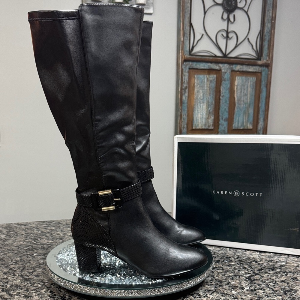 Karen Scott Isabelle Black tall Heeled Boots with gold Buckle Detail NEW 9 WC